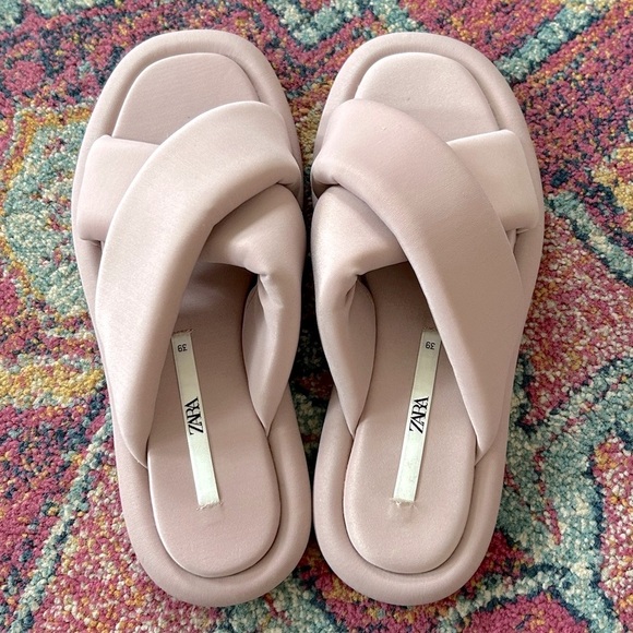 Zara | Women's Mauve Puffer Quilted Crossover Strap Slide On Flats, size 8.5 - Picture 15 of 16